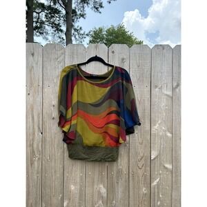 Cha Cha Vente | Multicolored Green Poncho Top Size Small Summer Retro Blue
